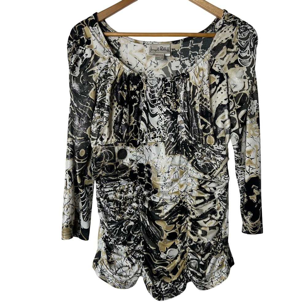 Joseph Ribkoff Top Size 10 Abstract Print Black White Gold Ruched Long Sleeve